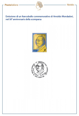 Emissione di un francobollo commemorativo di Arnoldo Mondadori, nel 50° anniversario della scomparsa